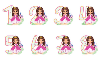 Set of numbers with cute princess girl in pink dress on white background. Happy Birthday concept. Vector illustration in flat cartoon style