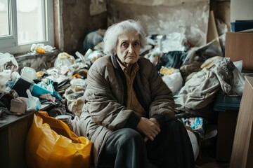 An elderly woman sits in a cluttered room filled with excessive items, illustrating compulsive hoarding and emotional isolation..