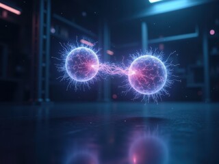Fototapeta premium Visualization of quantum entanglement showing two particles linked by energy connections in a futuristic lab setting