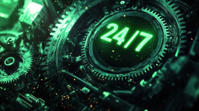 Complex machinery featuring glowing green gears and a digital clock showing 24/7 suggests continuous operation in a futuristic setting. Intricate details enhance the technology theme