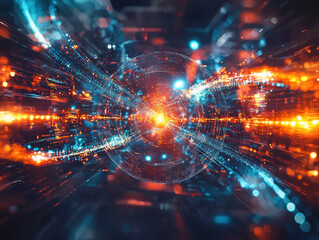Obraz premium Visualization of quantum entanglement showcasing radiant particles linked by dynamic energy streams in a futuristic setting