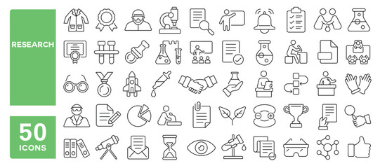 Set of 50 line icons related to research, science, chemistry, physics, lab, report, certificate, biology, experiment, medical, scientific, Editable stroke. Vector illustration