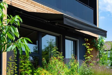 Black canvas awning shading exterior