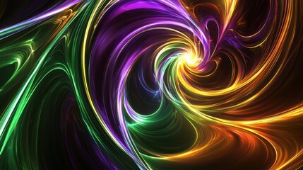 Fototapeta premium Colorful swirls of purple, green, yellow, and orange create a captivating abstract pattern against a dark background, evoking a sense of energy and movement