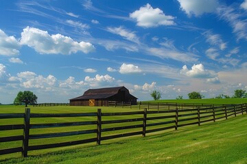 Blue sky green grass horse barn and fence