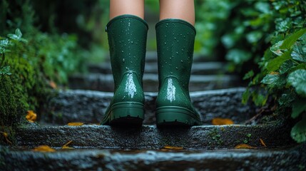 Feet in green rain boots climbing stone stairs surrounded by lush greenery