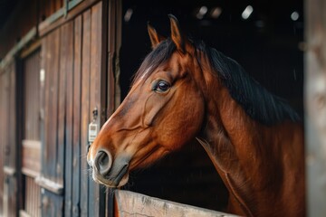 Fototapeta premium Brown horse with horse care attributes in stall