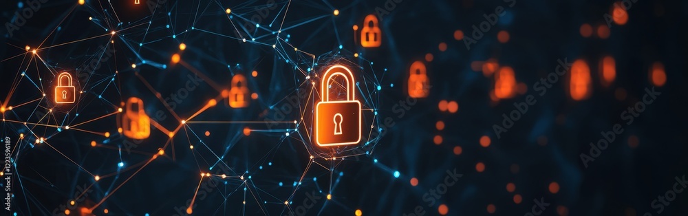 Poster a background with digital elements like interconnected nodes and glowing symbols representing securi