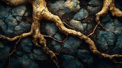 Fototapeta premium A background of tree roots intertwining and breaking through soil.