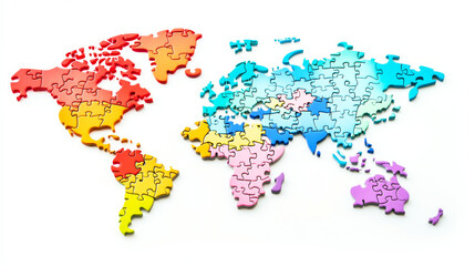 Fototapeta premium Colorful world map created with puzzle pieces arranged on a white background