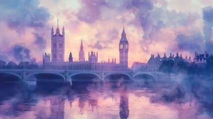 Naklejka premium Soft hues of pink and purple fill the sky as London's iconic skyline peeks through the evening mist over the River Thames. Historical architecture stands majestically in the twilight