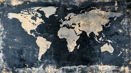 Fototapeta premium World map featuring dark grunge texture in monochrome black and grey colors with rugged edges