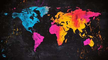 Bold neon world map with grunge texture and minimalist brutalist design on black background