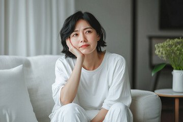 Obraz premium Sad Depressed Middle Age House Wife Sitting on Living Room Sofa