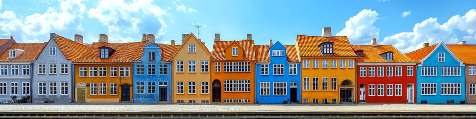 Fototapeta premium Colorful row of houses with orange roofs stand under a blue sky. Concept of vibrant and charming architecture. For travel brochure.