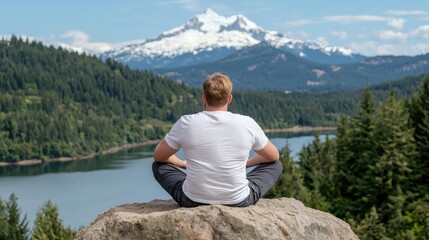 Man meditates on rock, mountain view, lake background, serenity
