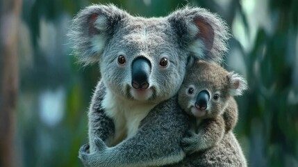 Obraz premium Koala mother and baby in natural habitat: tender moment in australian wilderness