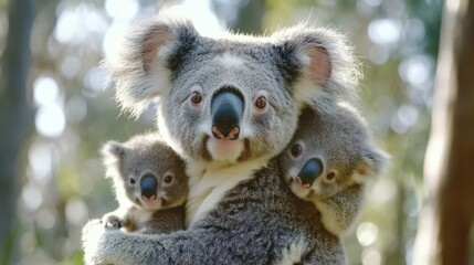 Fototapeta premium Koala family in natural habitat: adult with two young koalas