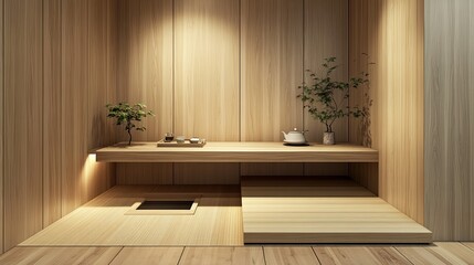 Fototapeta premium A small minimalist workspace incorporating Japanese tatami mats