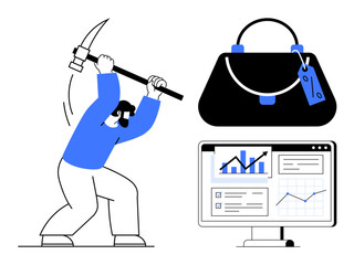 Miner swinging a pickaxe, indicating hard work. Nearby, a briefcase symbolizes business, and a computer screen shows business data analysis. Ideal for finance, economy, investment, hard work data