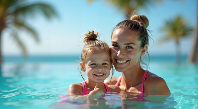 Mother and daughter enjoying a tropical vacation. They are smiling and having fun in the pool.