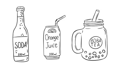 Hand drawn contour illustration of three refreshing drinks a soda bottle, a can of orange juice with a straw, and a jar filled with boba tea. Vector line art composition isolated on white background
