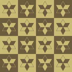 Minimalistic geometric quilt pattern with alternating dark brown and light yellow squares,with symmetrical star shapes for a clean and modern design. Vector monochrome illustration