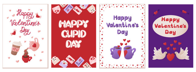 Set of four Valentines Day banners with romantic themes, hearts, doves, coffee cups, love letters, and cheerful text designs, perfect for celebrating love. Vector hand drawn greeting cards