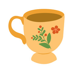 Simple and charming illustration of a yellow teacup adorned with floral and leaf patterns, representing a cozy and inviting design perfect for tea lovers. Vector hand drawn drawing