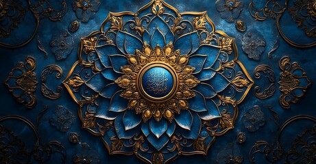 Intricate blue and gold mandala design on a dark blue backdrop

