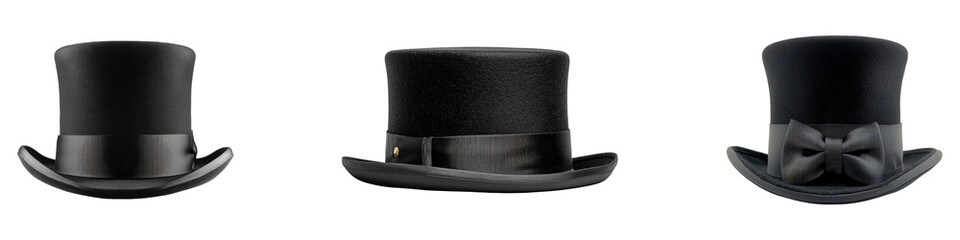Black top hat isolated on transparent background, PNG, Set of