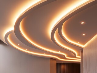 Ceiling design featuring curved LED lights arranged in a circular cove, enhancing the space with selective focus.