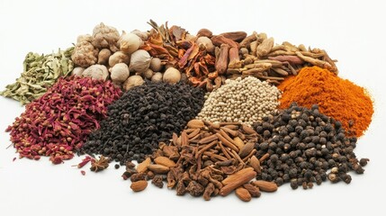 A vibrant assortment of spices arranged artistically on a white background, showcasing their rich colors and textures