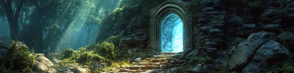 A stone archway is surrounded by lush forest with sunlight filtering through, leading to a mysterious blue portal. Concept of fantasy and mystery. For fantasy novel covers