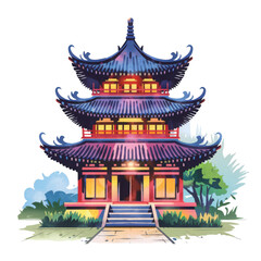 Fototapeta premium Traditional Asian Pagoda Watercolor Illustration