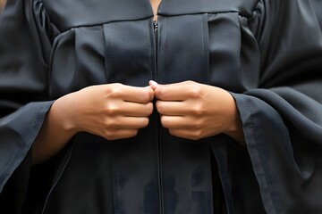 Close up of Person s Hands Adjusting Graduation Gown Black Graduation Robe Academic Attire