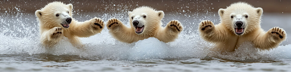 Fototapeta premium Three polar bear cubs joyfully splash through water, paws outstretched. Concept of playful wildlife. For animal behavior studies.