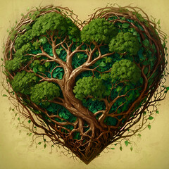 Heart-shaped tree branch vignette. Generative AI