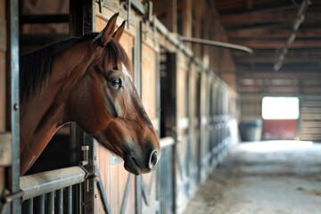 Warmblood horse in stall facing barn aisle