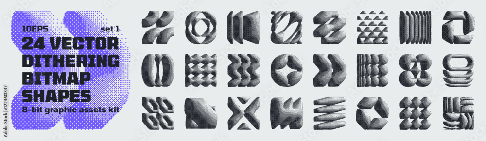Poster dithering bitmap high-quality shapes, abstract geometric graphic assets kit inspiration by retro 8-b