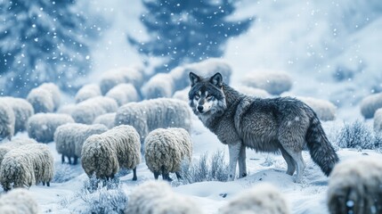 Fototapeta premium Wolf Camouflaged Among Sheep in Snowy Landscape