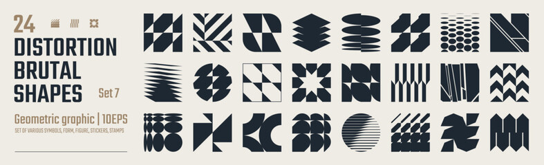 Postmodern abstract geometric graphic elements, Refraction and distortion glass effect various form, Brutalist vector shapes, trendy retro design symbols in Y2K aesthetics, vintage stickers, set 7