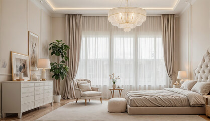 Close-up of a bed in a bedroom with a chandelier	
