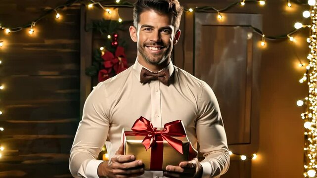Stylish Present: handsome man holds ribboned gift box, polished elegance, refined gesture, thoughtful token, sophisticated ambiance, timeless charm, festive surprise, tasteful presentation.