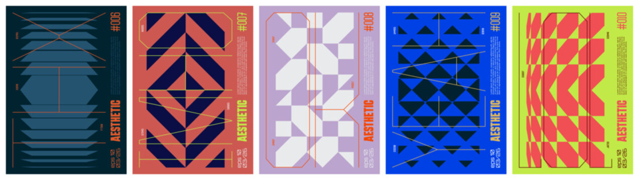 Tech brutalism colorful trendy poster, abstract geometric composition graphic in Y2K aesthetics, vector simple shapes cyberpunk print artwork modernism and futuristic minimalistic style A4 format set 