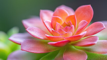 Close-up coral succulent flower, vibrant petals, blurred green background, nature photography for websites