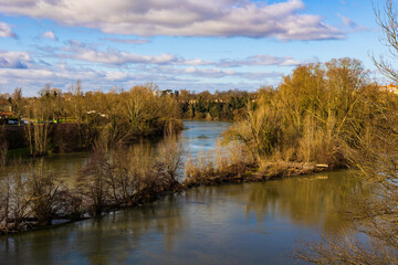 The Tarn River and its Île de la Pissotte, viewed from Pont Vieux in Montauban during winter