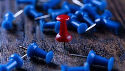 책상 위에 흩어진 파란색 압정들 사이에서 하나의 빨간색 압정이 중심에 놓인 장면
