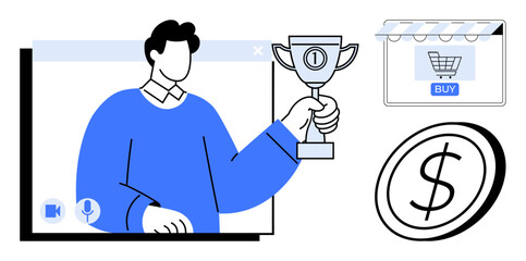 Man holding a trophy during an online conference with a shopping cart and dollar sign. Ideal for virtual success, online shopping, digital marketing, e-commerce growth, remote achievements, financial