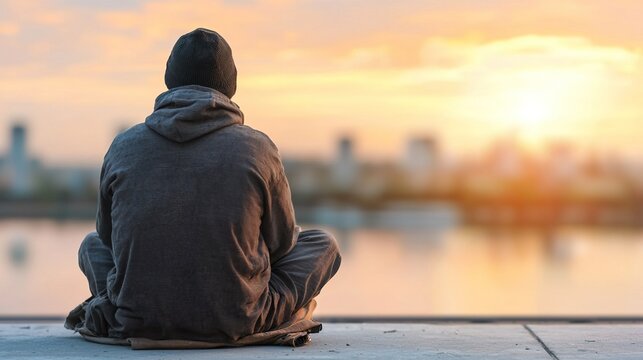 Person in gray hoodie sitting by the water during sunset glow, Homeless beggar man seeks help concept. - Powered by Adobe